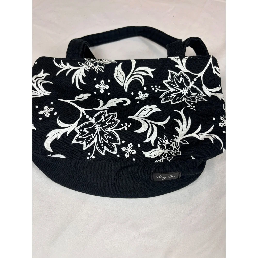Thirty-One Canvas Tote Bag Black White Floral Print Handbag Small Shoulder Bag